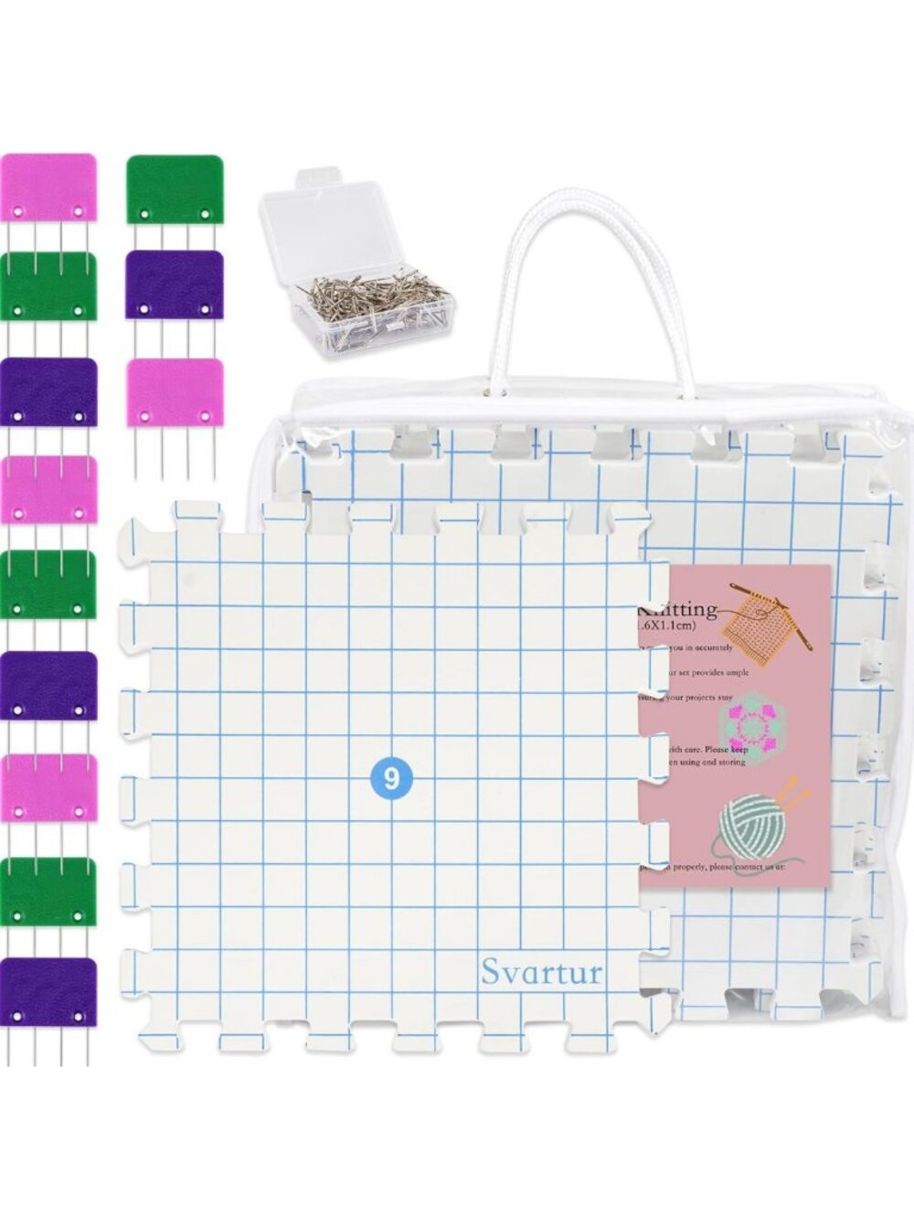 9-Pack Interlocking Knitting & Crochet Blocking Mats with Grid Lines & T-Pins